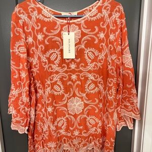 Solitaire Orange Blouse with White Embroidered Motif